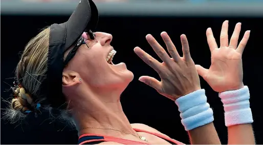  ?? AP ?? Croatia’s Mirjana Lucic-Baroni celebrates her win against Jennifer Brady of the US during their women’s fourth round match at the Australian Open on Monday. —