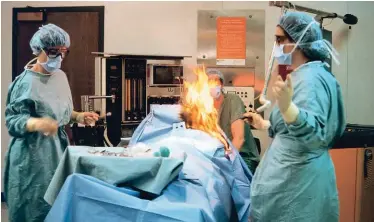 ??  ?? ECRI Institute conducted laboratory tests to explore the risk of fire in oxygenenri­ched environmen­ts. As oxygen concentrat­ions increase, so does fire risk. This image, taken during an experiment, does not depict an actual patient.