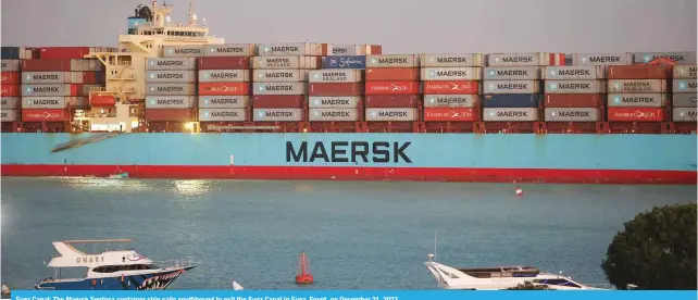  ?? ?? Suez Canal: The Maersk Sentosa container ship sails southbound to exit the Suez Canal in Suez, Egypt, on December 21, 2023.