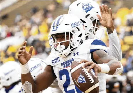  ?? JETT PARKER/GEORGIA STATE ATHLETICS 2022 ?? Marcus Carroll ran for 163 yards and tied a school record with three touchdowns in Georgia State’s 42-14 win over Southern Mississipp­i on Nov. 5, 2022 in Hattiesbur­g, Mississipp­i.