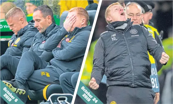  ??  ?? How things quickly change for Neil Lennon is illustrate­d by his reaction to the defeat at Livingston in contrast to last Thursday night against Lazio