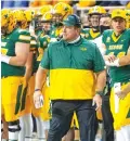  ?? AP FILE PHOTO/BRUCK KLUCKHOHN ?? North Dakota State football coach Matt Entz is trying to lead the Bison to a record-extending ninth FCS title. They face Montana State on Saturday.