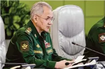  ?? Russian Defense Ministry Press Service ?? Russian Defense Minister Sergei Shoigu leads a meeting with the armed forces leadership on Tuesday. Shoigu called the drone attack an attempt by Ukraine to mislead Western supporters.