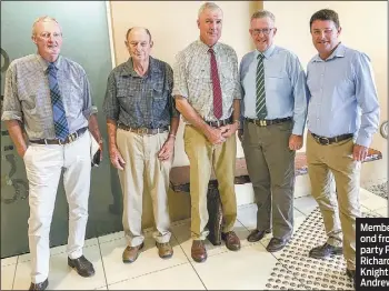  ??  ?? Member for Parkes Mark Coulton (second from right) with The Nationals party Parkes executive Doug Mckay, Richard Chapman, chairman Warwick Knight, and Barwon candidate Andrew Schier. PHOTO: SUPPLIED.