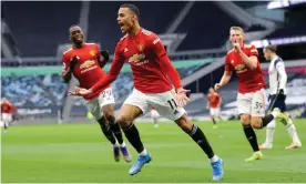  ?? Photograph: Getty Images ?? Mason Greenwood celebrates after scoring Manchester United’s third goal at Tottenham, a goal that sealed a 3-1 victory after his side were trailing 1-0 at half-time.