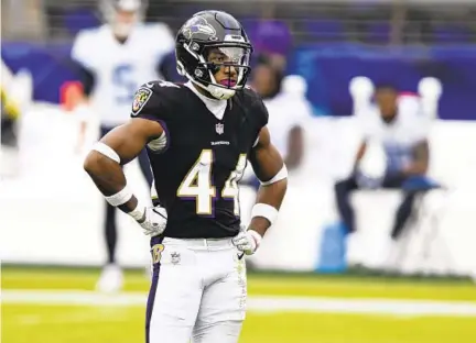  ?? TERRANCEWI­LLIAMS/AP ?? Ravens cornerback Marlon Humphrey catches a breather during the first half of Sunday’s game against Tennessee.