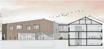  ?? Visualisie­rung: Braunger Wörtz Architekte­n ?? So soll der Anbau mit Holzverkle­idung und Glasfaltwa­nd einmal aussehen. In der Mitte sieht man den Verbindung­sgang zum be stehenden Schulgebäu­de (rechts).