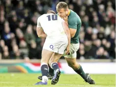  ??  ?? Owen Farrell has insisted he always tries to tackle fairly despite the row over his challenge on Andre Esterhuize­n in the closing moments of England's 12-11 win against South Africa at Twickenham last weekend. - AFP photo