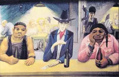  ??  ?? “3 Cultures Men,” 1991, is an egg tempera painting by Eli Levin that was inspired by Claude’s bar.