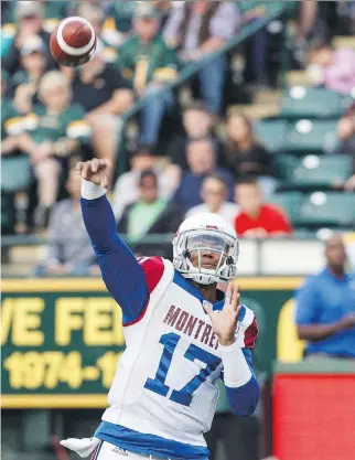  ?? JASON FRANSON/THE CANADIAN PRESS FILES ?? Antonio Pipkin completed 14 of 25 passes for 217 yards against the Eskimos last weekend. His production would have been higher had his receivers done a better job.