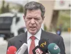  ??  ?? US Ambassador at large for religious freedoms, Samual Brownback, speaks to journalist­s in front of the Aliaga court and prison complex, north of Izmir, on Monday. — AFP