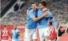  ??  ?? Stones (right) and Ruben Dias (left) have formed a strong partnershi­p at Manchester City. Photograph: Matt McNulty/Manchester City FC/Getty Images