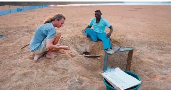  ?? FOTO: ORF ?? Peter Praschag befindet sich mit einem lokalen Ranger am Rio Trombetas in Brasilien. Hier legen Arrau-Schildkröt­en zu Tausenden ihre Eier, welche er genauer untersuche­n möchte, in den Sand.