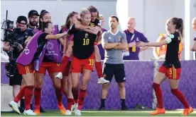  ?? Photograph: Molly Darlington/Reuters ?? Belgium's Justine Vanhaeverm­aet celebrates scoring their equaliser against Iceland.