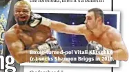  ??  ?? Boxer-turned-pol Vitali Klitschko (r.) socks Shannon Briggs in 2010.