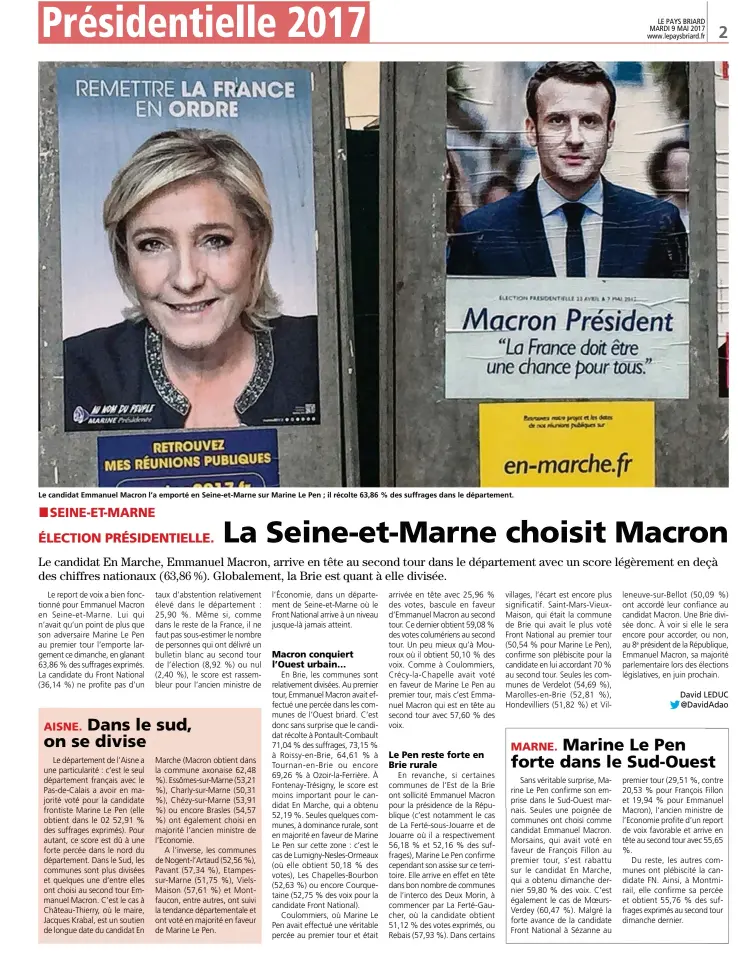  ??  ?? Le candidat Emmanuel Macron l’a emporté en Seine-et-Marne sur Marine Le Pen ; il récolte 63,86 % des suffrages dans le départemen­t.