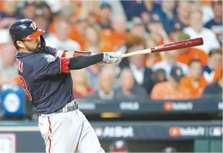 ?? AP-Yonhap ?? Washington Nationals’ Kurt Suzuki hits a home run during the seventh inning of Game 2 of the baseball World Series against the Houston Astros, Wednesday, in Houston.