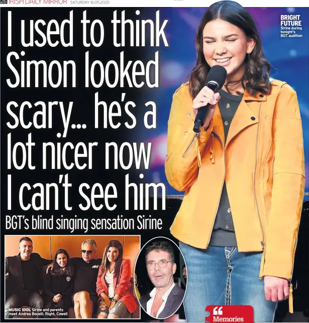  ??  ?? MUSIC IDOL Sirine and parents meet Andrea Bocelli. Right, Cowell
BRIGHT FUTURE Sirine during tonight’s BGT audition