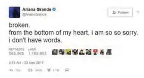  ??  ?? This image taken from the Twitter feed of Ariana Grande yesterday, shows the message from Ariana Grande after the fatal explosion at her concert in Manchester, England.