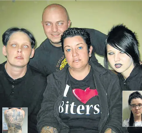  ??  ?? From left, Cecilia Steyn, Zak Valentine, Marinda Steyn, Mikeila Valentine (who was murdered in an occult-related killing), Marcel Steyn and Le Roux Steyn (insets on the right) are facing seven counts of murder. Left, a tattoo on Zak Valentine’s back with the words ’Chosen by God’ inscribed in Latin at the bottom