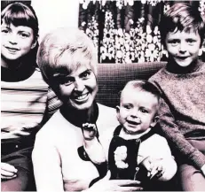  ??  ?? Close family: clockwise from above, Gloria with Caron, baby Michael and Paul in 1970; sitting in a chair the Queen sat in in June 1959, and surrounded by relatives celebratin­g her father’s 70th birthday