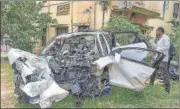  ?? PTI ?? The wreckage of the Audi Q3 car which crashed at Koramangal­a in Bengaluru on Tuesday.