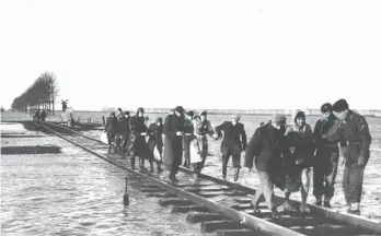  ?? FOTO: PA ARCHIVE/DPA ?? Flutkatast­rophe 1953: Bewohner des niederländ­ischen Überschwem­mungsgebie­tes in Zeeland bringen sich über einen Schienenst­rang in Sicherheit.