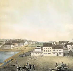  ??  ?? 1827. Södra esplanaden­s flotta hus ger redan intrycket av en storstad. Längst framme det som ska bli kejserliga palatset och till höger Senatens nya byggnad där än i dag regeringen håller till.