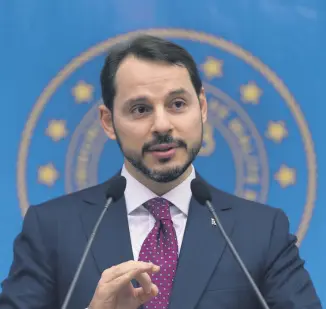  ??  ?? Treasury and Finance Minister Berat Albayrak speaks during a meeting with businesspe­ople in Bursa yesterday.