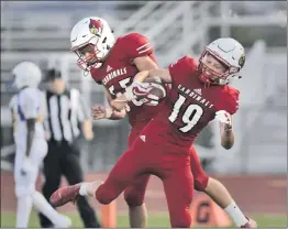  ?? Dan Watson/The
Signal ?? SCCS football’s Carson Schwesinge­r celebrates a touchdown with Ethan Fields earlier this season.