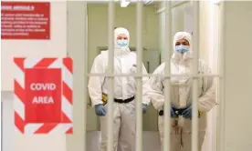  ?? ?? Prison officers in PPE clothing at HMP Maghaberry in Lisburn, Co Antrim in Northern Ireland during the coronaviru­s pandemic. Photograph: Michael Cooper/PA