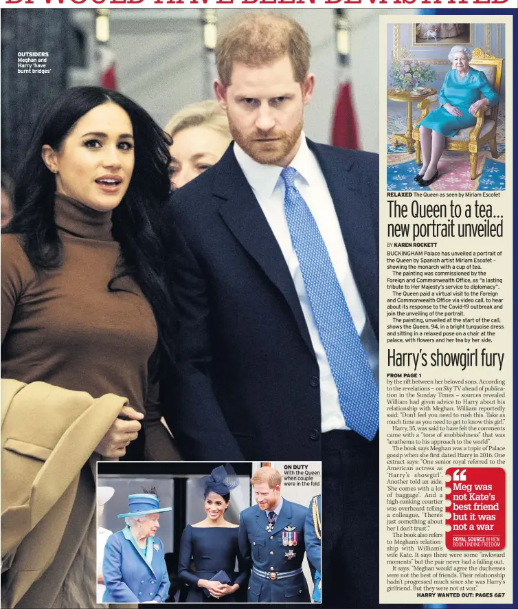 ??  ?? OUTSIDERS Meghan and Harry ‘have burnt bridges’
ON DUTY
With the Queen when couple were in the fold
RELAXED
