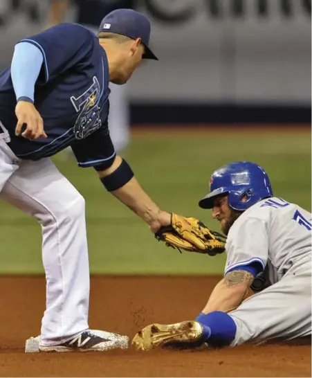  ?? STEVE NESIUS/THE ASSOCIATED PRESS ?? Rays shortstop Asdrubal Cabrera tags out Jays’ Kevin Pillar during fourth-inning action Saturday in Florida. Tampa rallied for a 4-3 victory.