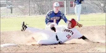  ?? PHOTO BY RICK PECK ?? McDonald County’s Ty Shaver slides into second with a stolen base during the Mustangs’ 6-3 win over East Newton at a pre-season scrimmage held March 9 at MCHS.