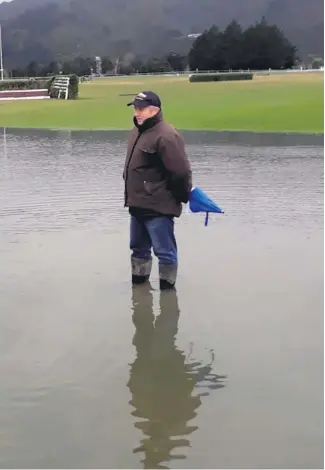  ?? Picture / Michael Guerin ?? An official surveys the rain- soaked steeplecha­se course at Trentham yesterday.