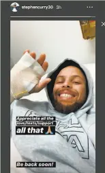  ?? @stephencur­ry30 / Instagram ?? Stephen Curry holds up his broken left hand (the image is mirrored) in an Instagram story thanking fans.
