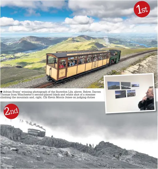  ??  ?? ● Adrian Evans’ winning photograph of the Snowdon Lily, above. Below, Darren Thomas from Winchester’s second-placed black and white shot of a steamer climbing the mountain and, right, Cllr Kevin Morris Jones on judging duties