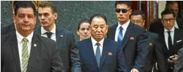  ?? —AP ?? TIGHT DIRECTION North Korea’s Kim Yong-chol (center) heads for a meeting with US State Secretary Mike Pompeo on May 30.