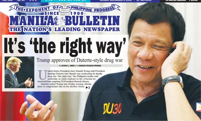  ??  ?? NEW BEGINNINGS — From the lighted-up face of President Duterte last Friday night in Malacañang, it seems obvious that a new friendship has begun between him and the man speaking on the other end of the line – US President-elect Donald Trump (left, file...