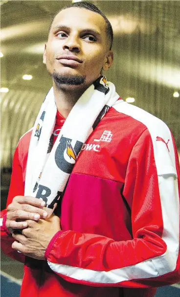  ?? DARREN BROWN / POSTMEDIA NEWS ?? Andre De Grasse, shown in Ottawa on Wednesday, has a chance to break a 21-year- old national record in the 100 metres this weekend.