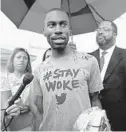  ?? MAX BECHERER/ASSOCIATED PRESS ?? DeRay Mckesson talks to reporters after his release Sunday from the Baton Rouge, La., jail.