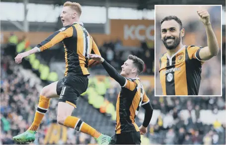  ??  ?? Sam Clucas jumps for joy to celebrate his stunning clincher in Hull’s vital 2-0 win over Watford. Ex-SAFC man Ahmed Elmohamady (inset) enjoys the win