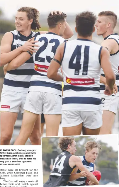  ?? Pictures: ALAN BARBER ?? CLAWING BACK: Geelong youngster Wylie Buzza celebrates a goal with spearhead Aaron Black. Jackson McLachlan (Inset) tries to force his way past a Werribee opponent.