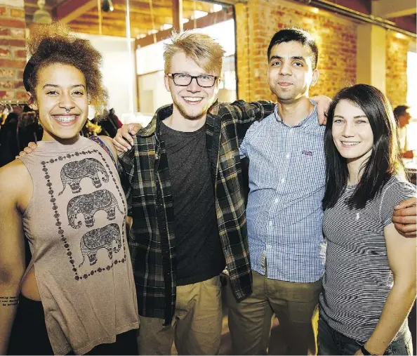  ?? PHOTOS: CODIE McLACHLAN ?? Amelia Altmiks, left, Lucas Burrows, Wamiq Hussain and Brittany Steel attended the Green Drinks: Farm to Fork at the Yellowhead Brewery in Edmonton on Wednesday.