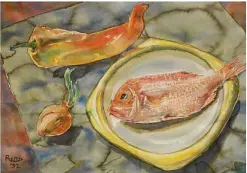  ??  ?? “Study in Orange: Fish, Banana, Chili and Onion,” 1992, watercolor on paper