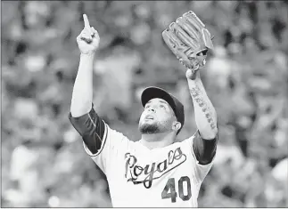  ??  ?? Royals relief pitcher Kelvin Herrera celebrates getting out of the eighth inning on a double play Monday night in Kansas City, Mo. The Royals beat Cleveland 2-1 for their seventh consecutiv­e win at Kauffman Stadium, and ended a five-game skid against the Indians. JOHN SLEEZER KANSAS CITY STAR TNS