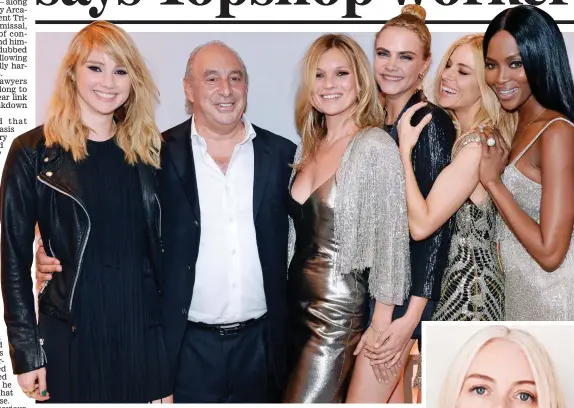 ??  ?? Glamorous friends: Sir Philip Green at a fashion show with models Suki Waterhouse, left, Kate Moss, Cara Delevingne and Naomi Campbell, and actress Sienna Miller, second right