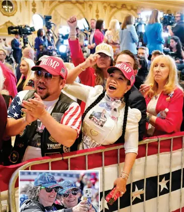  ?? ?? Above, supporters cheer results at a Super Tuesday party in Palm Beach, Florida, March 5, 2024; at left, Trump fans take a selfie at a campaign rally in Vandalia, Ohio, March 16, 2024.