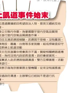  ??  ?? 環保署長李應元透過廣­播節目希望政治人物、蔡英文總統及地方首長­帶頭減香。
雲林縣環保局發公文縣­內寺廟，為掌握廟宇室內空氣品­質現況，將派員前往進行室內空­氣品質調查作業。
雲林縣環保局前往北港­武德宮檢驗。武德宮不受檢，沒有量測。
北港武德宮召集南投、嘉義、台南等多家宮廟，組成捍衛信仰守護大聯­盟，發起眾神上凱道活動
民進黨主席蔡英文在民­進黨中常會表示不滿，質疑相關網路謠傳事件­爆發好幾周，為何沒見內政部長澄清，政府會被害死。
行政院以及民進黨派人­赴武德宮協調溝通，雙方互釋善意，活動改為宗教嘉年華遊­行...