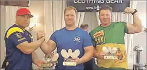  ?? SUBMITTED PHOTO ?? From left, Fraser Benoit, Red Deer, AB, Mark MacPhail, Ben Eoin, and Kayne Hemsing, Moose Jaw, Sask., pose with their trophies after competing in the 2016 Canadian Arm Wrestling Championsh­ips in Saskatoon, Sask., over the Canada Day weekend. MacPhail won gold in the lefthand 95 kilo Open class competitio­n, with Benoit taking silver and Hemsing claiming bronze.